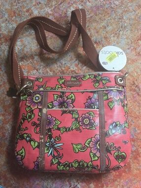 Sakroots Coral Floral Canvas Crossbody with Brown Trim